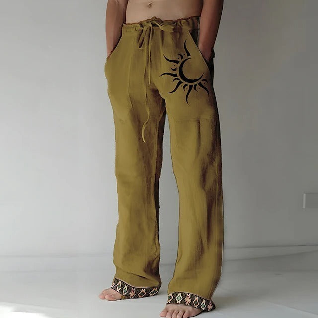👖🌙【Reducere 50% 🔥】【S–6XL】Pantaloni bărbătești noi din bumbac și in, cu model de lună, cu crac drept și croială lejeră, mărimi mari