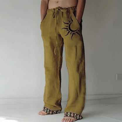 👖🌙【Reducere 50% 🔥】【S–6XL】Pantaloni bărbătești noi din bumbac și in, cu model de lună, cu crac drept și croială lejeră, mărimi mari