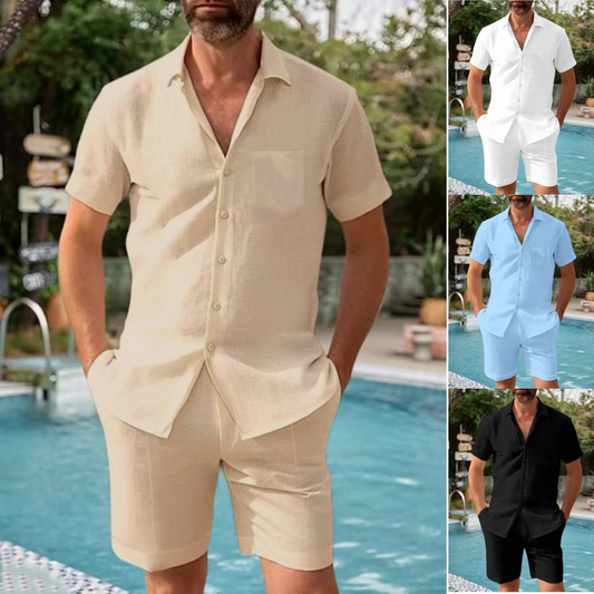 👔👖【-50 % 🔥】【S–3XL】🛒 Nová letní pánská sada ve větších velikostech – košile s krátkým rukávem + kalhoty, volný střih