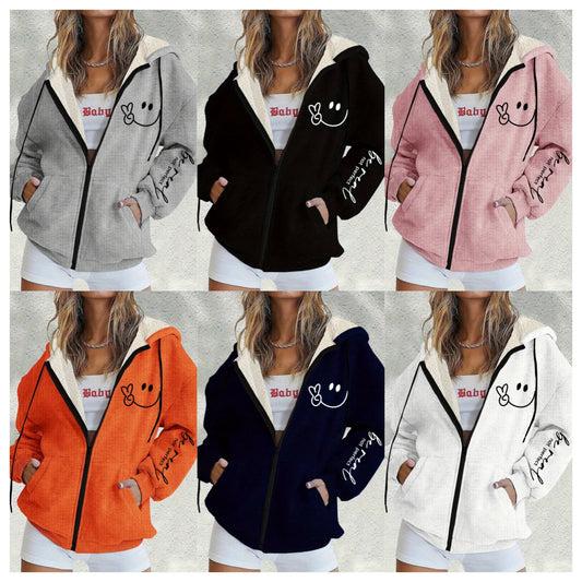 😀【S-5XL】Nová zimní dámská módní bunda s kapucí a potiskem usměvavé tváře