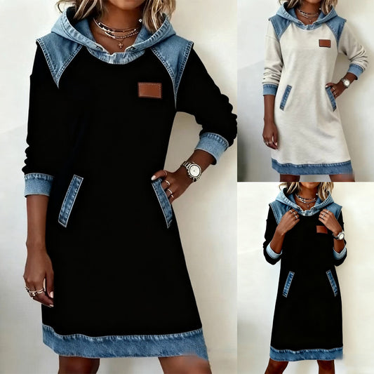 🔥【Sleva -46%】🌞Nové zimní módní džínové šaty s kapucí v patchworkovém vzoru