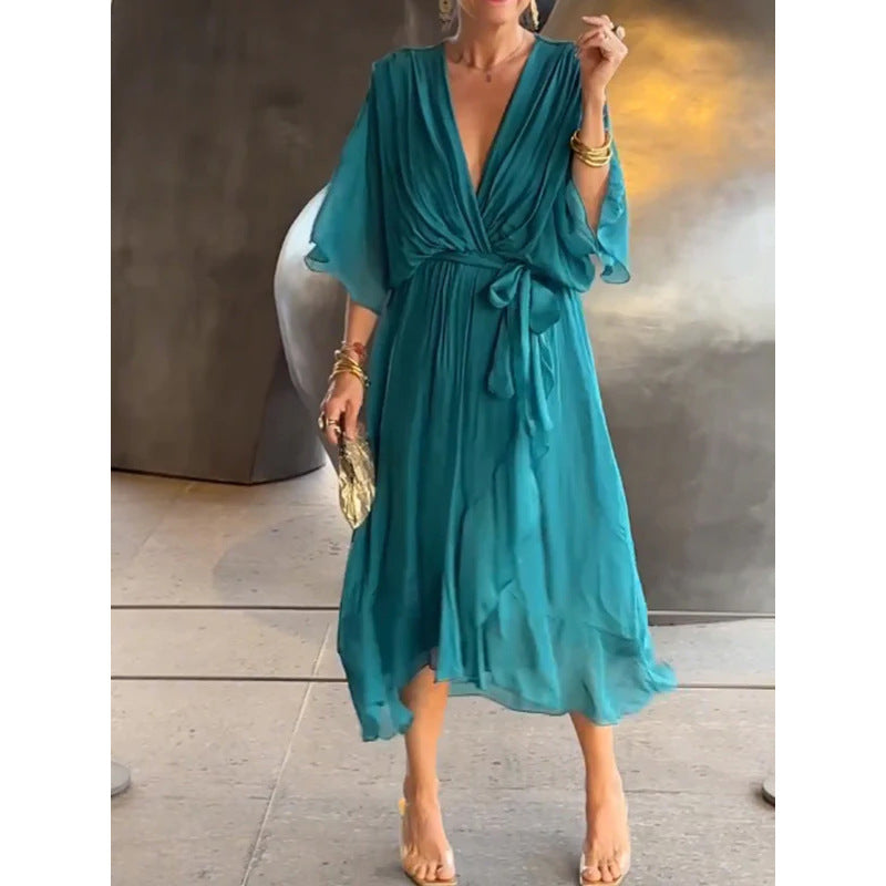 💟【S-5XL】👗 Vícebarevné krajkové šifonové šaty s netopýřími rukávy