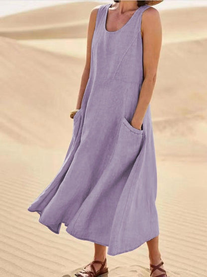 🌈👗【50% sleva 🔥】【12 barev, S-5XL】💖 Nové letní elegantní šaty bez rukávů z bavlny a tencelu s kulatým výstřihem