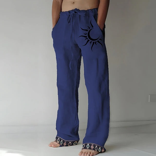 👖🌙【Reducere 50% 🔥】【S–6XL】Pantaloni bărbătești noi din bumbac și in, cu model de lună, cu crac drept și croială lejeră, mărimi mari