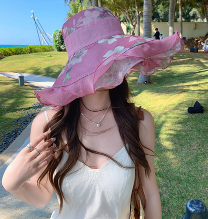 🎀【Kupte 1 a získejte 1 zdarma ✨】👒 Dámský letní plážový klobouk z bavlny a lnu s vlnitým okrajem, nositelný z obou stran