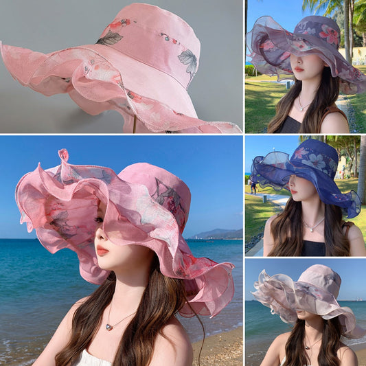 🎀【Kupte 1 a získejte 1 zdarma ✨】👒 Dámský letní plážový klobouk z bavlny a lnu s vlnitým okrajem, nositelný z obou stran