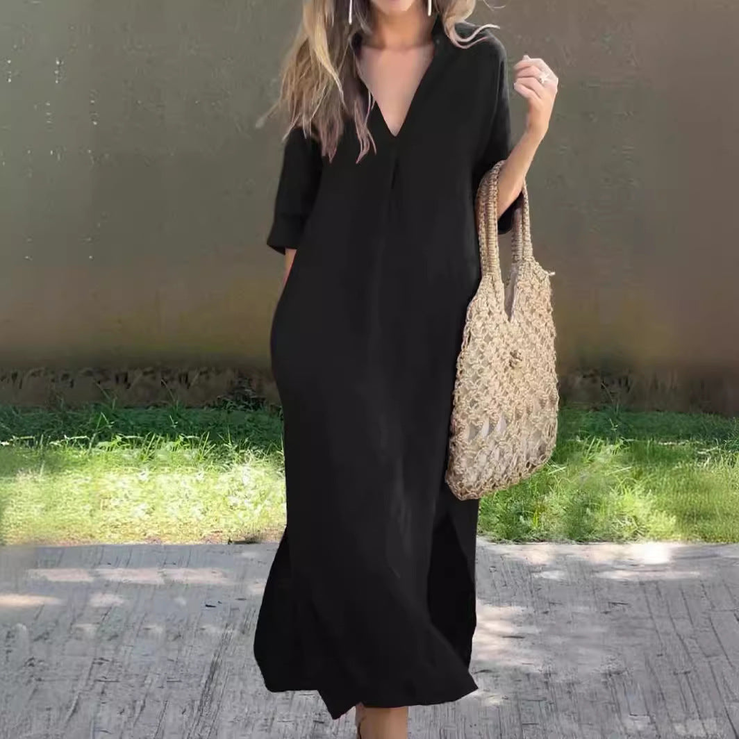 🌿💃【Sleva 50 % 🔥】【S–3XL】Dlouhé lněné šaty s výstřihem do V a rozparky, pohodlné a lehké na léto
