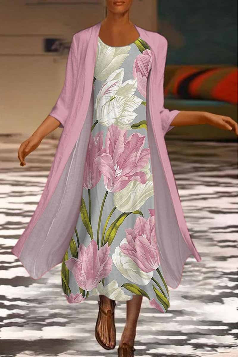 🌻 Sleva -42% 🔥🔥【S-5XL】Nové dámské maxi šaty s květinovým potiskem Dvoudílné šaty s kulatým výstřihem