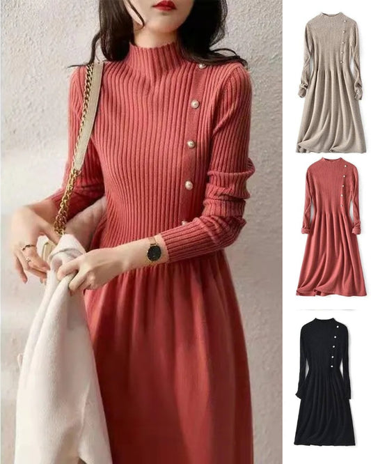 😍【S-2XL】Nové dámské módní pletené šaty s vysokým výstřihem a korálkovými knoflíky