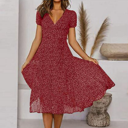 🌈💃【Sleva 50 % 🔥】👗😍 Nové dámské šaty 2025 ve větších velikostech s výstřihem do V a krátkými rukávy, květinové šaty s puntíky ve větších velikostech
