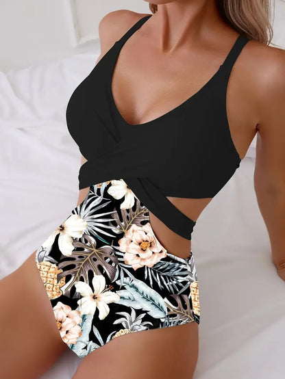 👙🌵【Sleva 50 % 🔥】【S–XL】Jednodílné elastické dámské plavky typu bikini s havajským vzorem, s výřezy a křížovým vázáním