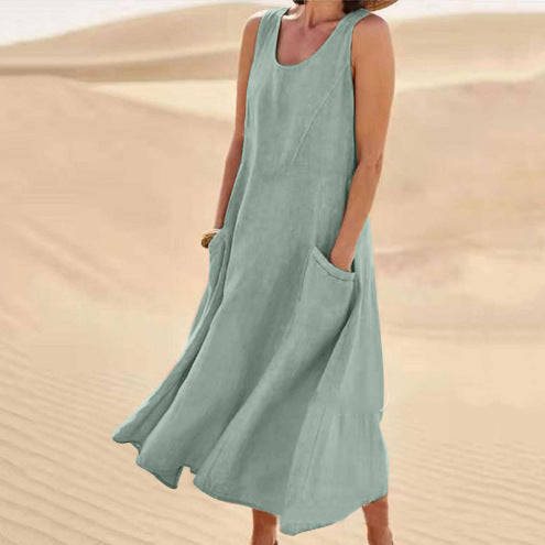 🌈👗【50% sleva 🔥】【12 barev, S-5XL】💖 Nové letní elegantní šaty bez rukávů z bavlny a tencelu s kulatým výstřihem