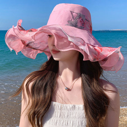 🎀【Kupte 1 a získejte 1 zdarma ✨】👒 Dámský letní plážový klobouk z bavlny a lnu s vlnitým okrajem, nositelný z obou stran