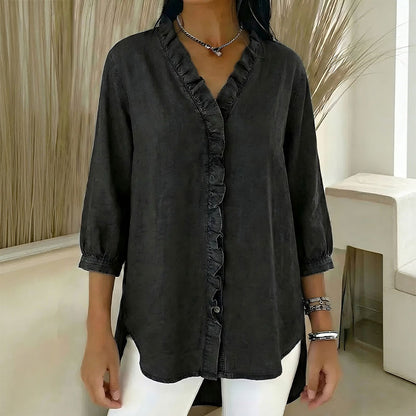 🔥 Pago contra entrega✅️【40-100 kg】Camisa vaquera casual para mujer con cuello en V y volantes ✅️2 artículos con un 70% de descuento