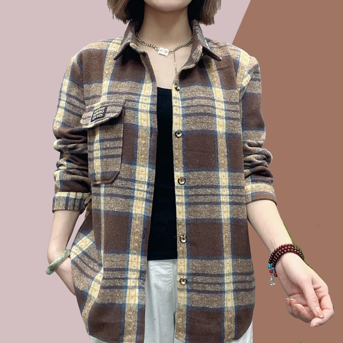 🐏Nová sleva -39%🔥【XL-5XL】Dámská kostkovaná košile z vlněné směsi, zateplená, ve větších velikostech s dlouhým rukávem