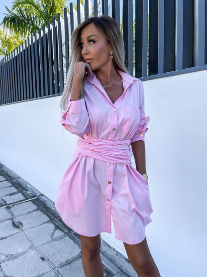 🌞【Novinka – sleva % ✨】【S–XL】Lehké košilové šaty s vázáním, ohrnuté rukávy, více barev