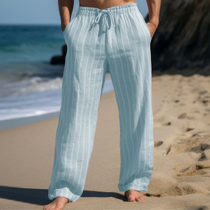 🎹👖【Sleva 50 % 🔥】【M–3XL】😍 Nové pánské lněné kalhoty s pruhy a rovným střihem, ve větších velikostech, s elastickým pasem a šňůrkou