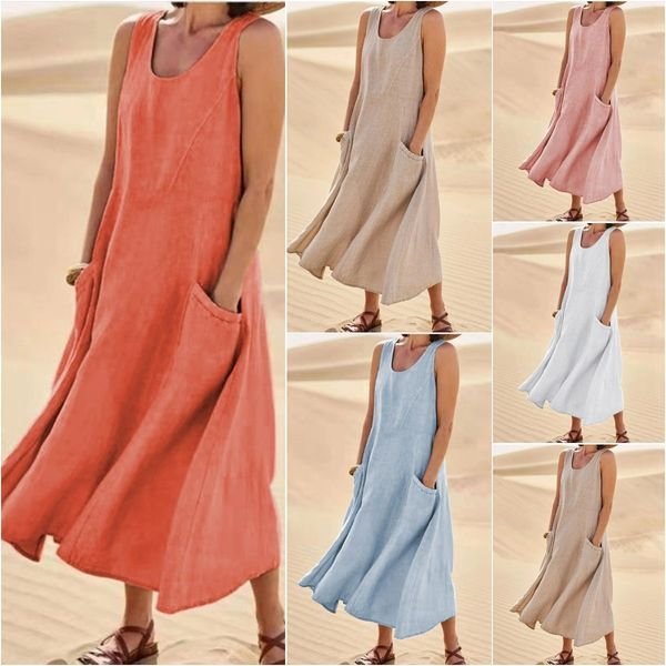 🌈👗【50% sleva 🔥】【12 barev, S-5XL】💖 Nové letní elegantní šaty bez rukávů z bavlny a tencelu s kulatým výstřihem