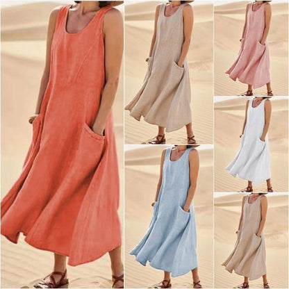 🌈👗【50% sleva 🔥】【12 barev, S-5XL】💖 Nové letní elegantní šaty bez rukávů z bavlny a tencelu s kulatým výstřihem
