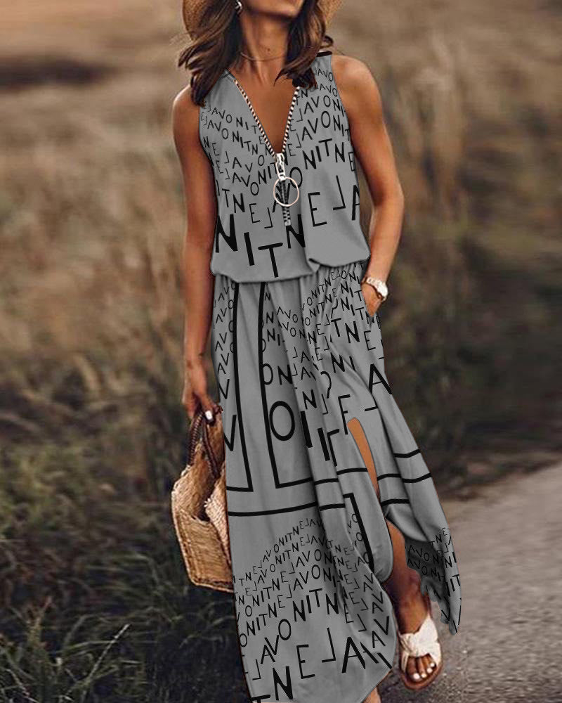🎁💃【Sleva 50 % 💥】【S–5XL】Nové dlouhé ležérní šaty bez rukávů s potiskem, přiléhavým střihem a zipem, pro plnoštíhlé ženy