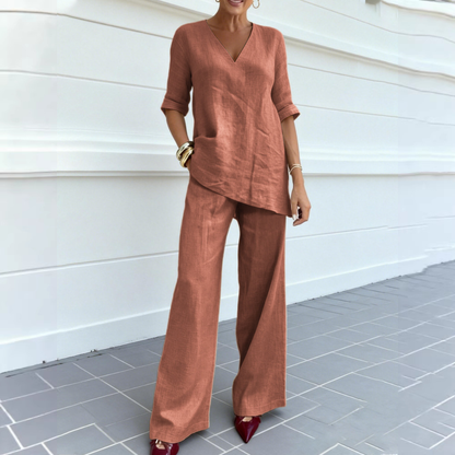 ❤️50%Popust 💥【40-100kg】2026 Pamučno-laneni jednobojni top s pola rukava i V-izrezom + ravne ležerne hlače ✅️Plaćanje pouzećem ✅️2 artikla za 70% popusta