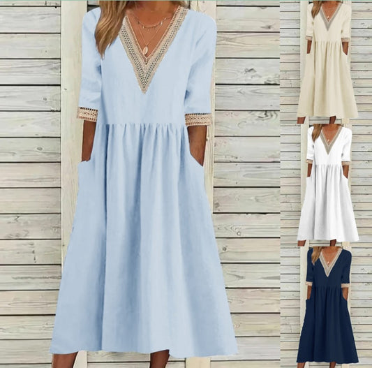 🌈👗【Sleva 50 % 🔥】【40–90 kg】👑 Ležérní dámské midi šaty z bavlny a lnu s krajkovým límečkem, ve větších velikostech