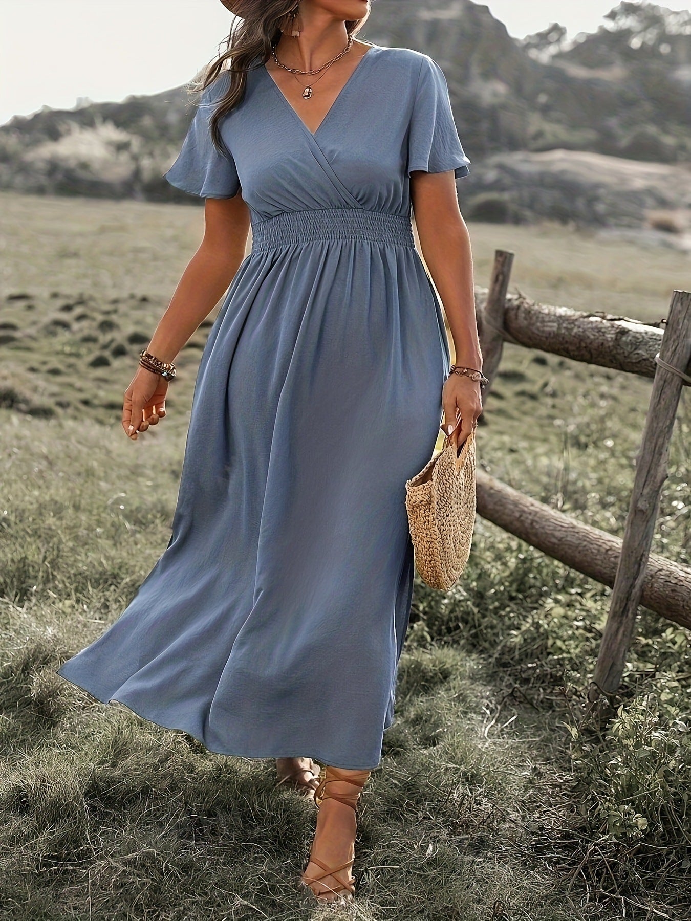 👩‍🌾💃【Sleva 50 % 🔥】【S–5XL】💖 Nové jednobarevné dlouhé šaty s výstřihem do V a rozparkem, ve větších velikostech, s volnými rukávy a elastickým pasem