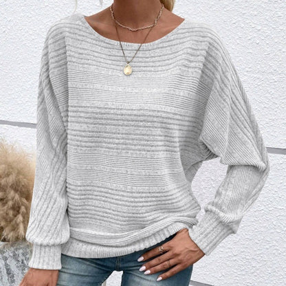 🎉Speciální nabídka tohoto týdne - sleva 50 %✨ Jednobarevný top s kulatým výstřihem, dlouhým rukávem a měkkým a příjemným pruhovaným vzorem -4145876