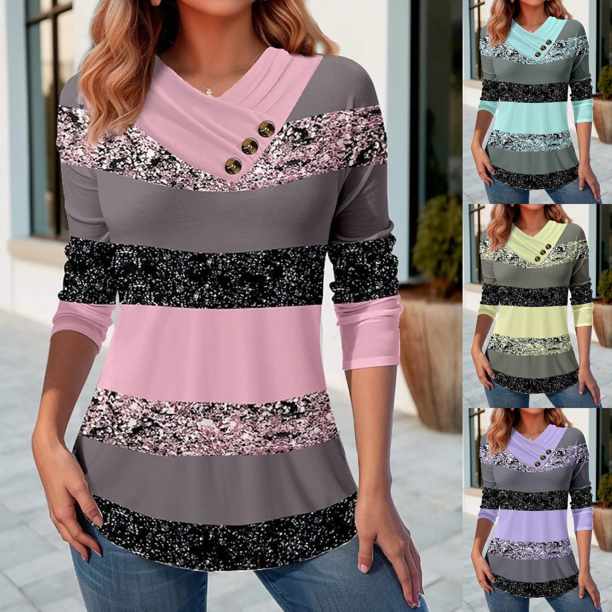 👚 50% отстъпка🔥【40-120kg】Нов дамски есенно-зимен топ с контрастни цветове, V-образно деколте и дълги ръкави ✅️Плащане при доставка