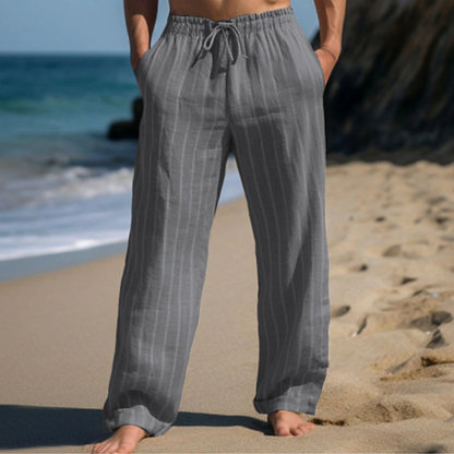 🎹👖【Sleva 50 % 🔥】【M–3XL】😍 Nové pánské lněné kalhoty s pruhy a rovným střihem, ve větších velikostech, s elastickým pasem a šňůrkou
