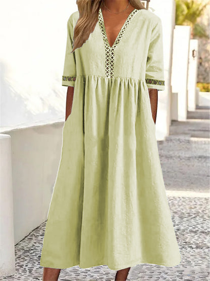 👗【– 50% kedvezmény 🔥】😍 Rövid ujjú, csipkés V-nyakú tavaszi–nyári ruha