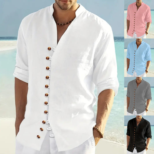 🌈🌴👔【50% sleva 🔥】【S-3XL】😍😍 Pánská letní lněná a bavlněná košile s dlouhým rukávem, ležérní a volný střih ve větších velikostech