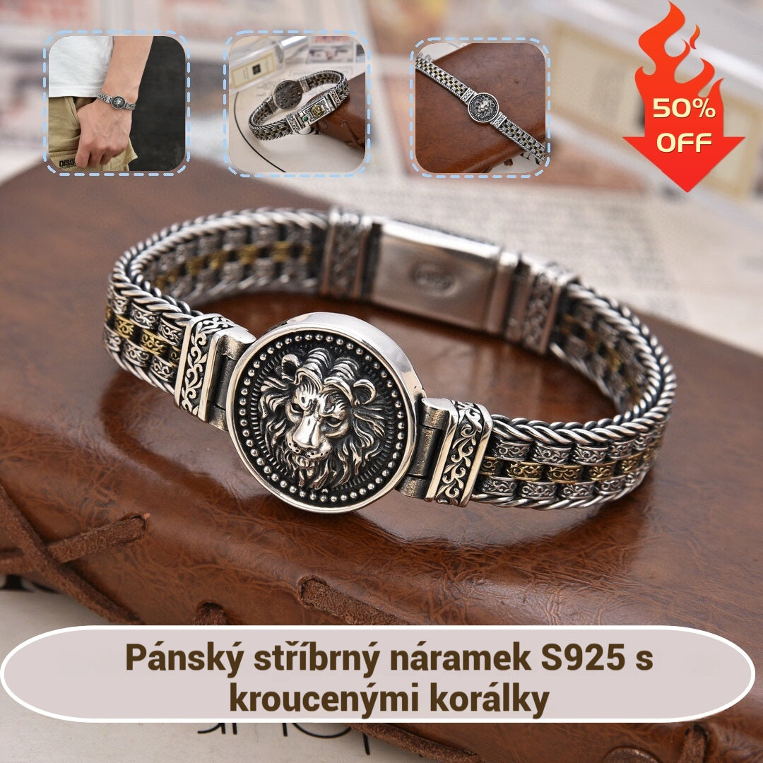 🔥🎁Stříbrný náramek S925 pro muže s kroucenými korálky --4082609