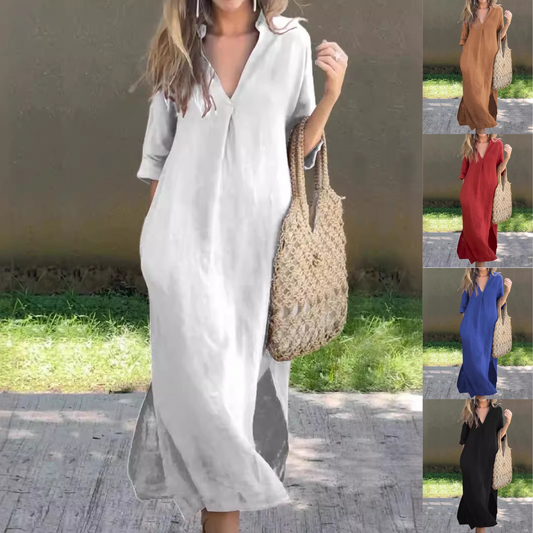 🌿💃【50% kedvezmény 🔥】【S–3XL】V-nyakú, oldalt hasított, kényelmes len maxi ruha nyárra