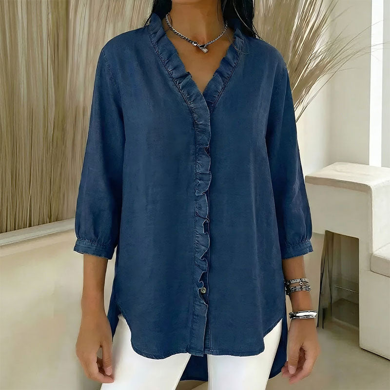 🔥 Plaćanje pouzećem ✅️【40-100kg】Ženska ležerna traper košulja s V-izrezom i volanima