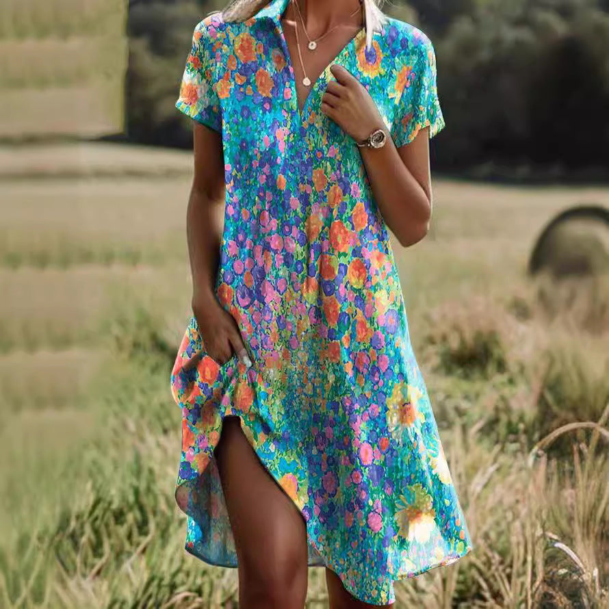 👔👗【Sleva 50 % ✨】【XS–3XL】Letní nové boho šaty s krátkým rukávem, výstřihem do V a stojacím límečkem, s potiskem