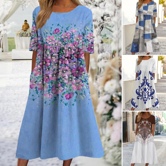 👘🌺【Sleva 50 % 🔥】【M–3XL】Nové letní dámské šaty s kulatým výstřihem a potištěným vzorem, ve větších velikostech, lehké a prodyšné
