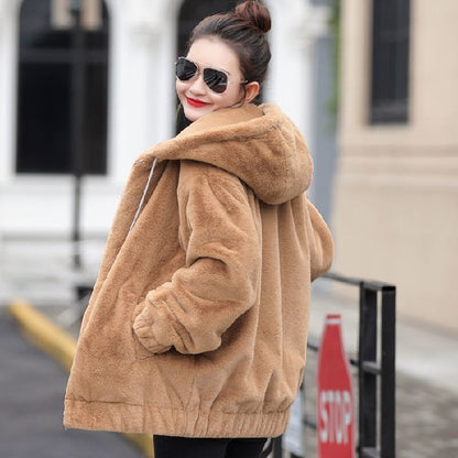 🎁[új termék]【M-4XL】Női plüss kapucnis kabát, új téli modell, meleg és vastag béléssel
