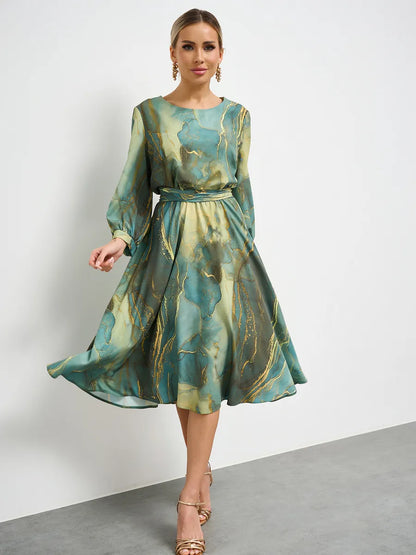 🌿👗 Płatność przy odbiorze✅️ Elegancka zielona sukienka z długimi rękawami i spódnicą 🌸