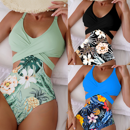 👙🌵【Sleva 50 % 🔥】【S–XL】Jednodílné elastické dámské plavky typu bikini s havajským vzorem, s výřezy a křížovým vázáním