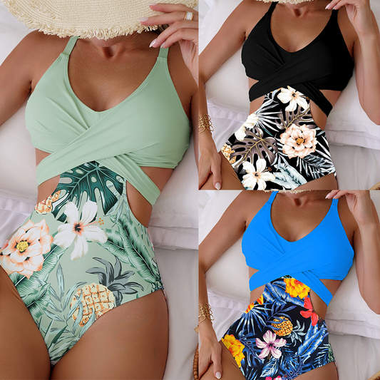 👙🌵【Sleva 50 % 🔥】【S–XL】Jednodílné elastické dámské plavky typu bikini s havajským vzorem, s výřezy a křížovým vázáním