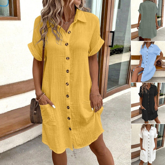 🎁 50% отстъпка 🔥【S–3XL】Пътна рокля с къс ръкав от памук и лен за 2025 г. - лека и дишаща