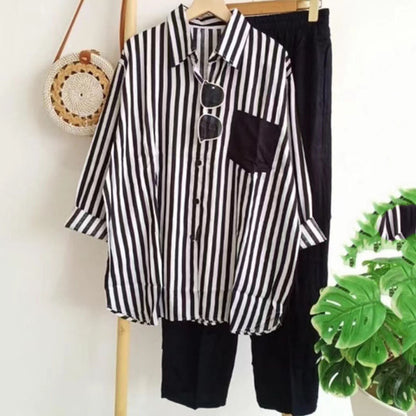 🔥Oferta por tiempo limitado🔥【Top + Pantalones】 (40-120 kg) Traje casual, holgado, a rayas y transpirable ✅️Pago contra entrega ✅️2 artículos con un 70% de descuento