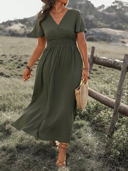👩‍🌾💃【Sleva 50 % 🔥】【S–5XL】💖 Nové jednobarevné dlouhé šaty s výstřihem do V a rozparkem, ve větších velikostech, s volnými rukávy a elastickým pasem