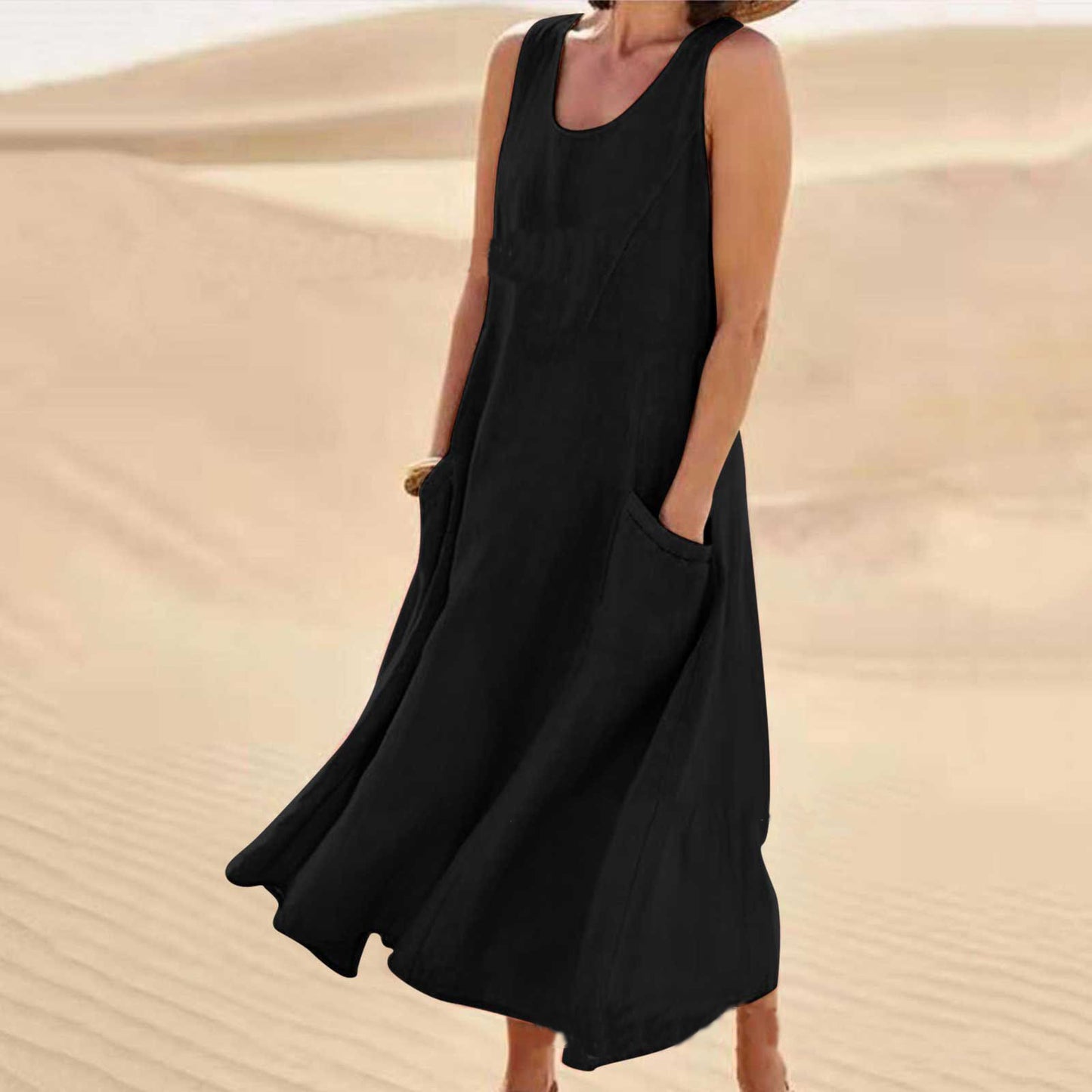 🌈👗【50% sleva 🔥】【12 barev, S-5XL】💖 Nové letní elegantní šaty bez rukávů z bavlny a tencelu s kulatým výstřihem