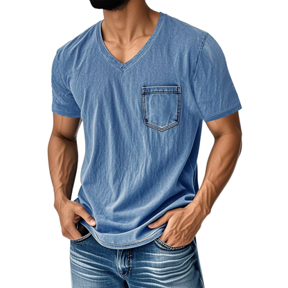 👔 50% zniżki🔥【40-120 kg】Luźny, casualowy T-shirt z jeansu z dekoltem w serek i krótkim rękawem dla mężczyzn ✅️Płatność przy odbiorze ✅️2 artykuły z 70% zniżką