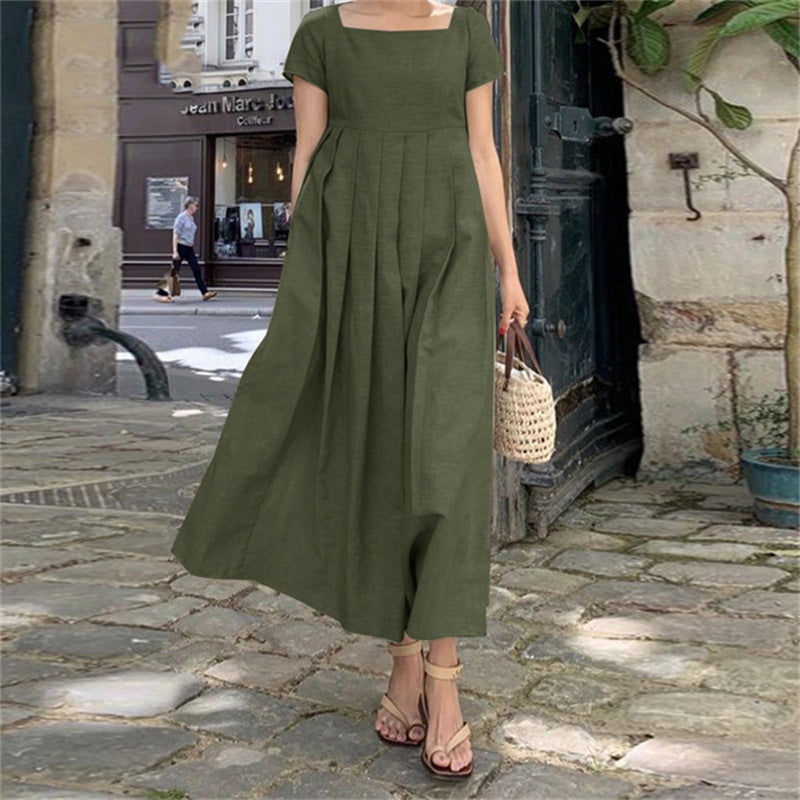 🧚‍♀️💖【50% zniżki🔥】【S-5XL】😍Duży rozmiar spódnicy damskiej z krótkimi rękawami i kwadratowym dekoltem z bawełny i lnu, elegancka letnia sukienka na co dzień, długa sukienka 