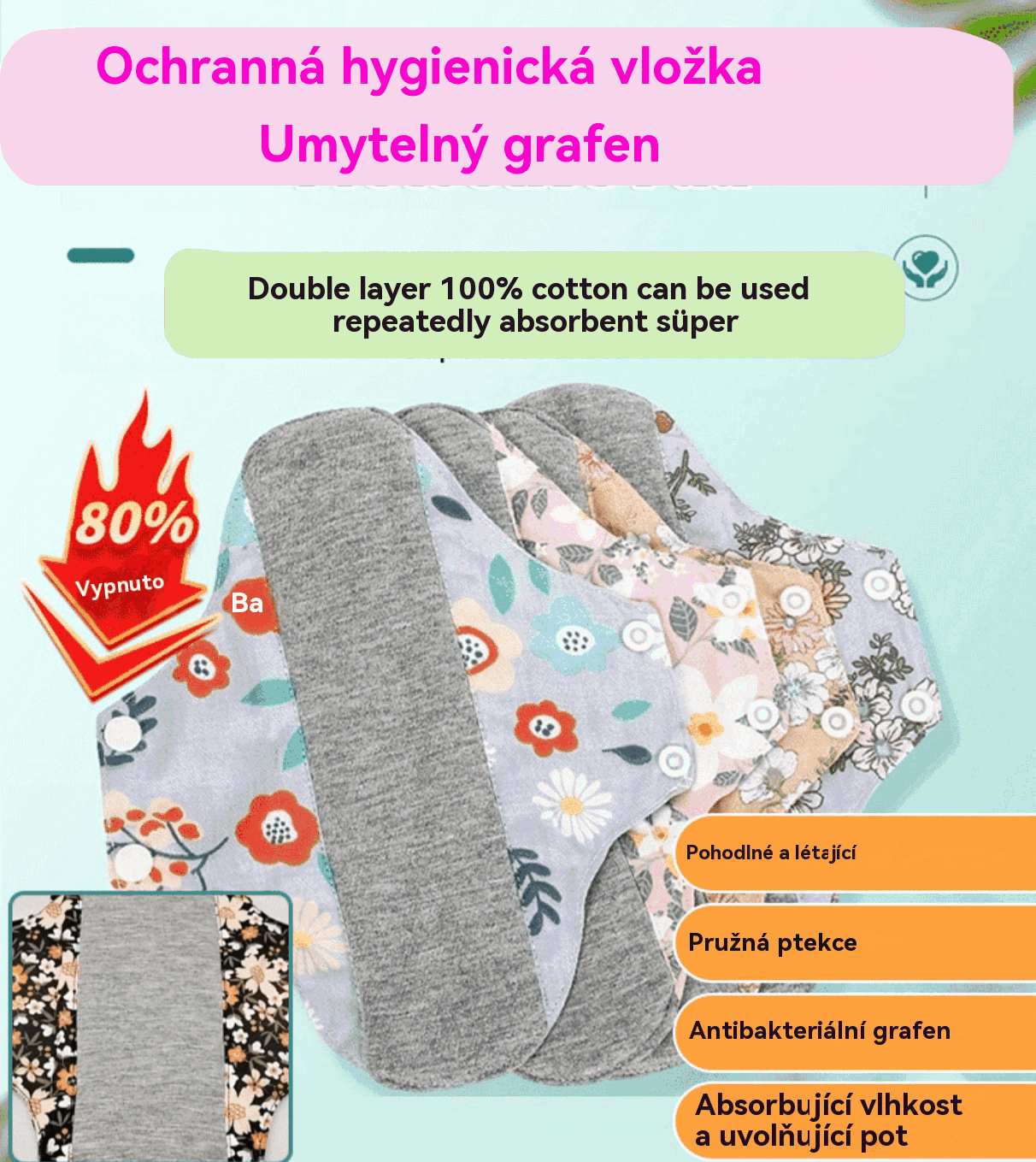 🔥🌈【Kupte 5 a získejte 5 zdarma】Omyvatelné antibakteriální grafenové vložky do kalhotek zabraňující protečení