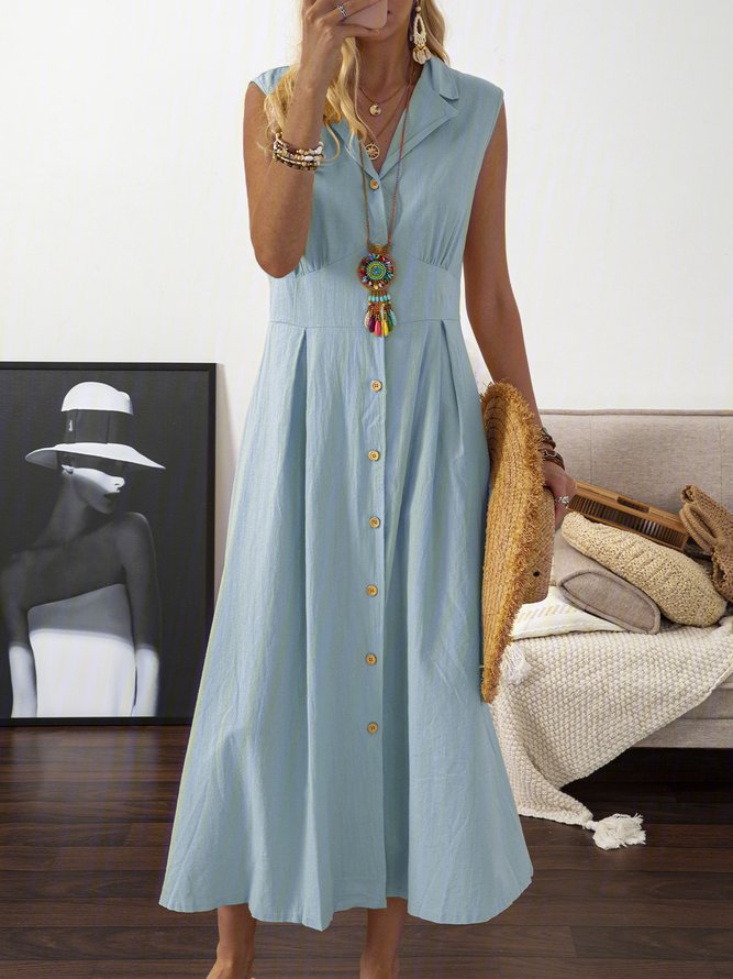 🎀💃【50% kedvezmény 💥】【S–3XL】Plus size női pamut-len ruha, blézergallérral és gombokkal, könnyű és légáteresztő