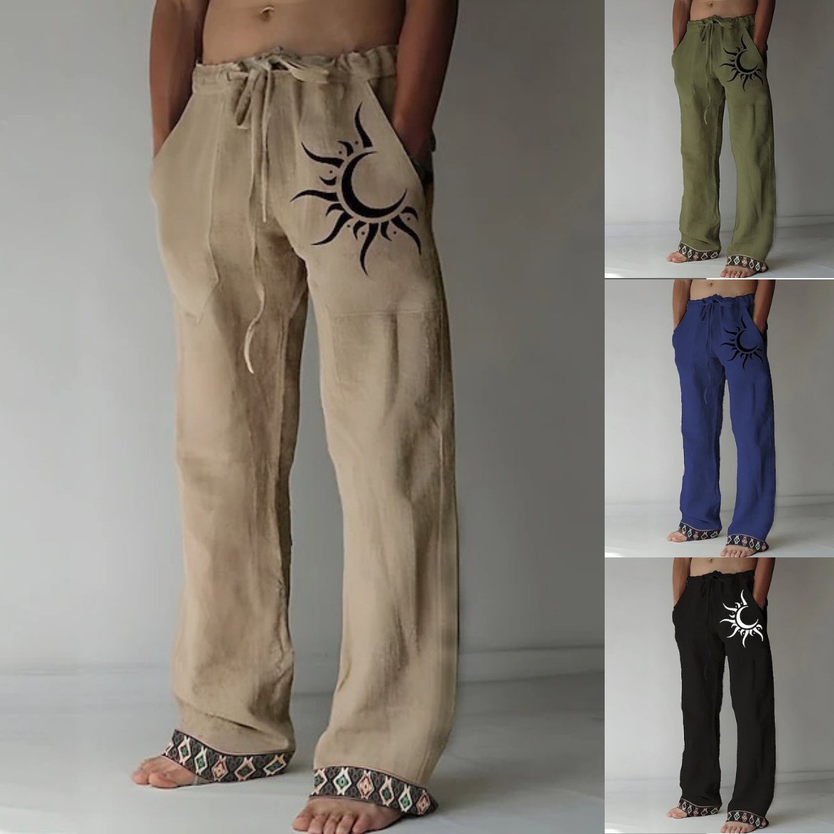 👖🌙【Reducere 50% 🔥】【S–6XL】Pantaloni bărbătești noi din bumbac și in, cu model de lună, cu crac drept și croială lejeră, mărimi mari